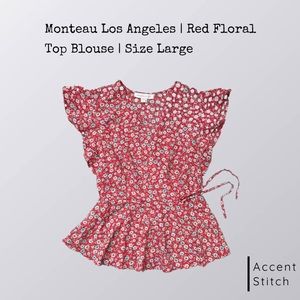 Monteau Los Angeles | Red Floral Top Blouse Short Sleeve Ruffle | Size Large